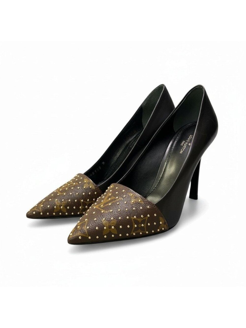 Louis Vuitton Pointed Toe Leather Shoes LV Logo Studs Black Brown M